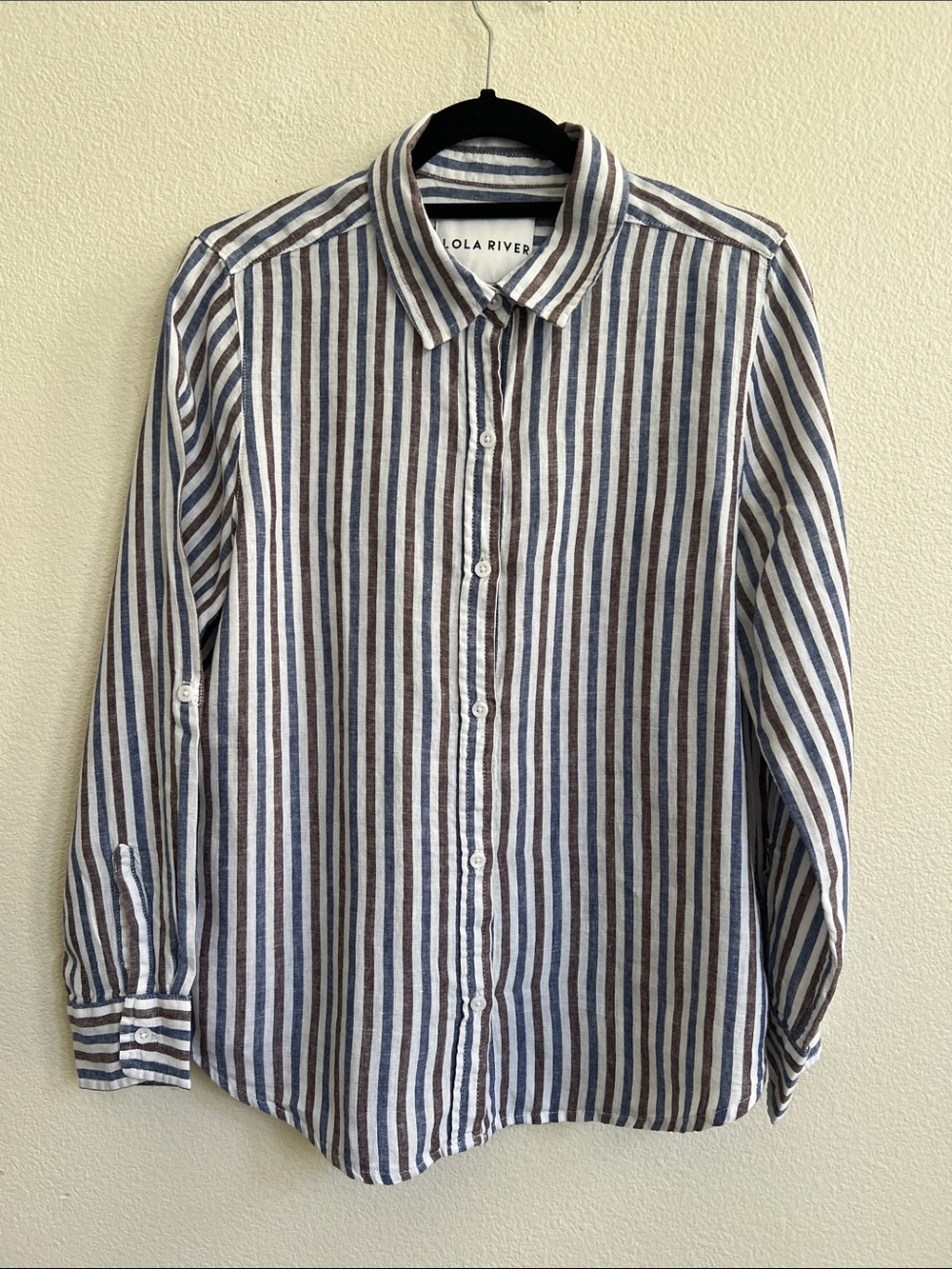 LOLA RIVER Vertical Stripe Button-Up Shirt Blue/Brown/White Women's Size M